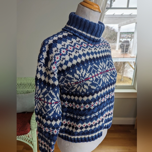 Vintage 90s Bravo Turtleneck Cropped Blue Cotton Blend Sweater M Retro Boho - Picture 2 of 4